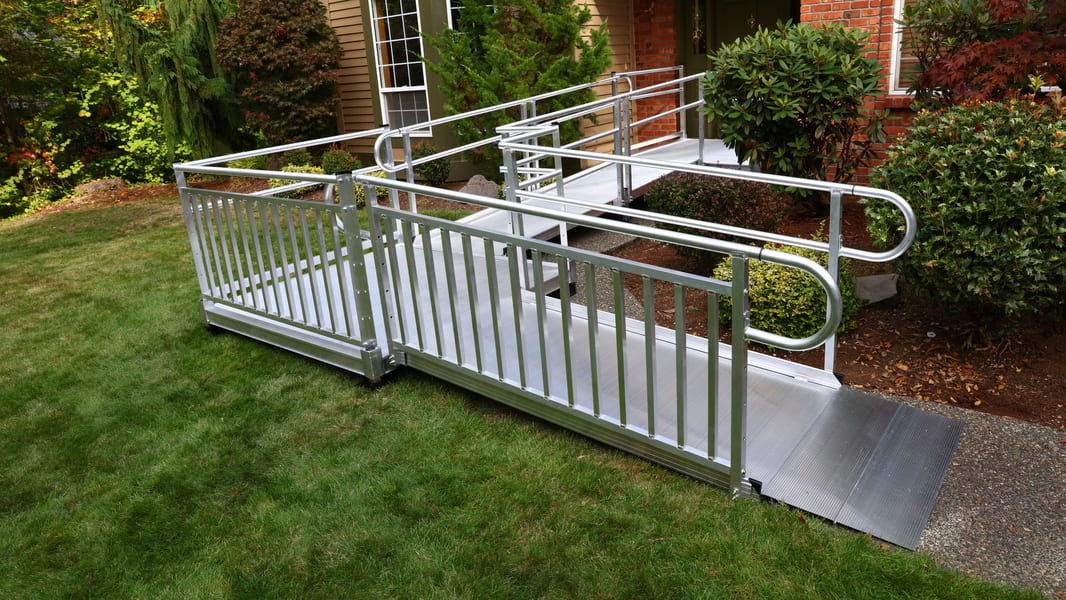Sample Application 4 - PATHWAY 3G 14 ft. Straight Aluminum Wheelchair Ramp Kit with Expanded Metal Tread, Vertical Picket Handrails and 4 ft. Top Platform by EZ-Access | RampHand