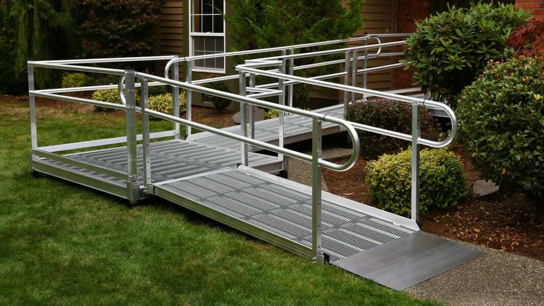 Sample Application 2 - PATHWAY 3G 28 ft. L-Shaped Aluminum Wheelchair Ramp Kit with Expanded Metal Tread, 2-Line Handrails, 5 ft. Turn Platform, and 5 ft. Top Platform by EZ-Access | RampHand