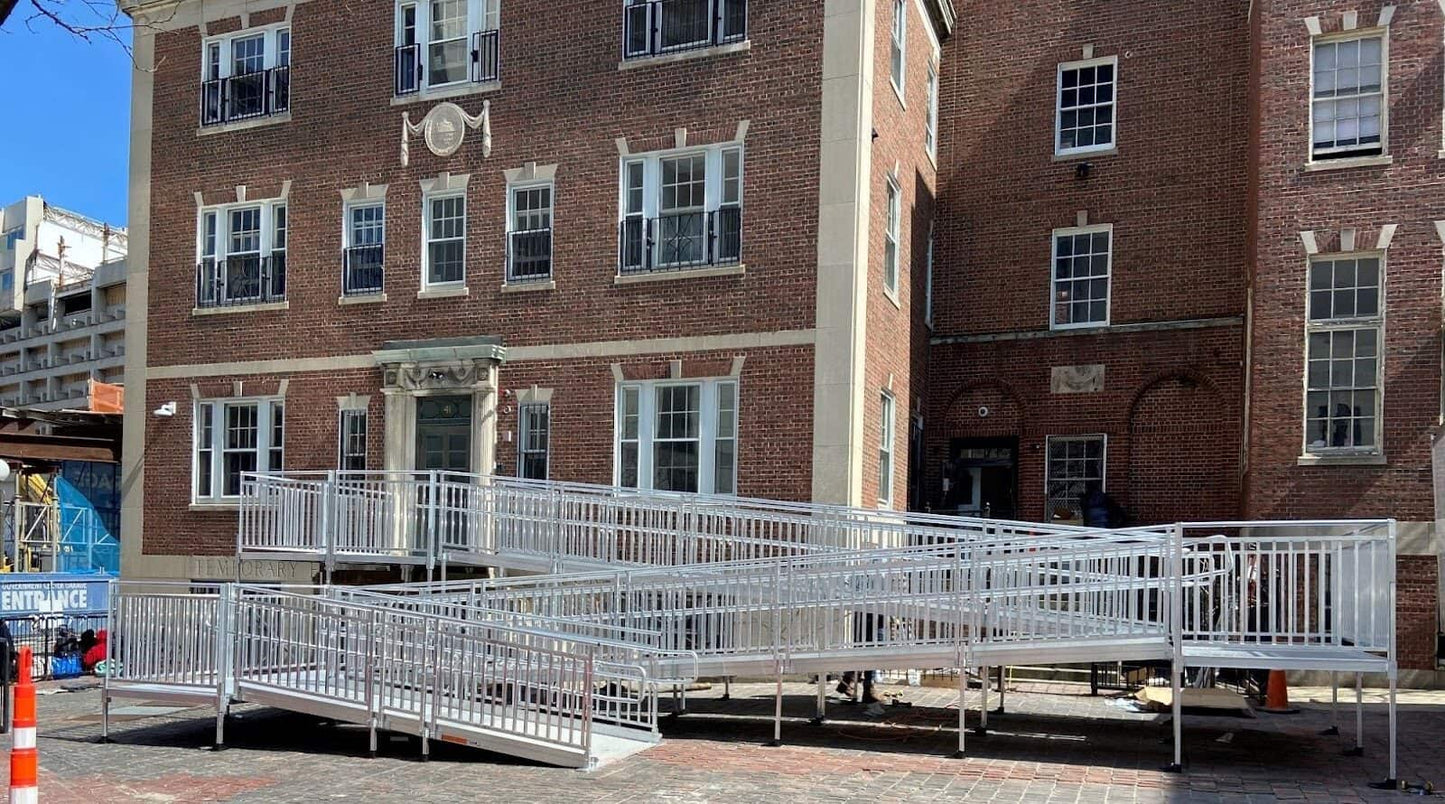 Sample Application - PATHWAY 3G 28 ft. U-Shaped Aluminum Wheelchair Ramp Kit with Solid Surface Tread, Vertical Picket Handrails and (3) 5 ft. Platforms by EZ-Access | RampHand